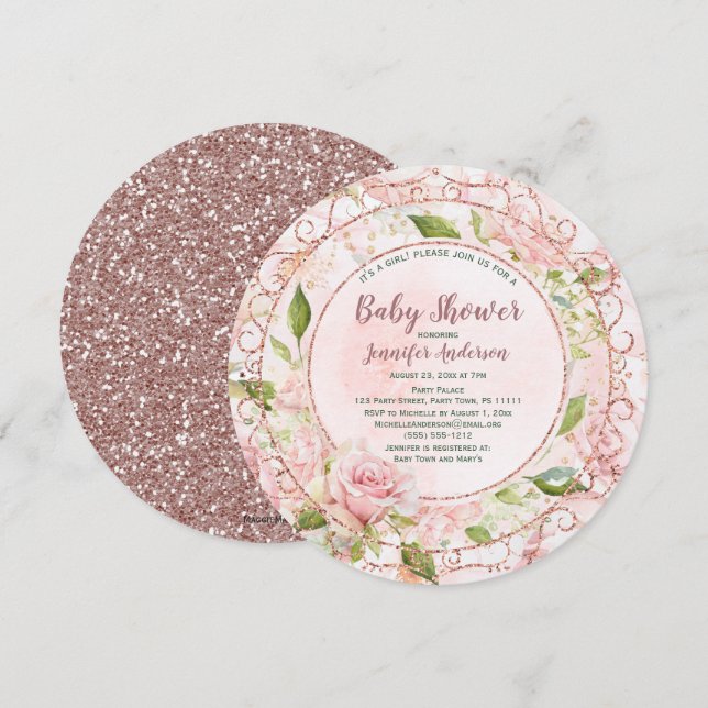 Pink Watercolor Floral Rose Gold Baby Shower Invitation (Front/Back)