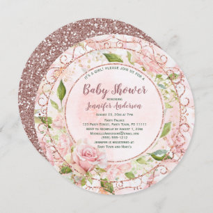 Pink Watercolor Floral Rose Gold Baby Shower Invitation