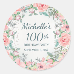 Pink Watercolor Floral Roses 100th Birthday Classic Round Sticker