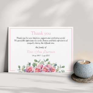 Pink watercolor floral roses eucalyptus funeral thank you card
