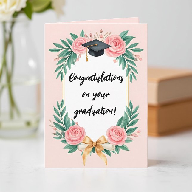 Pink Watercolor Floral Roses Graduation Cap Card (Creator Uploaded)