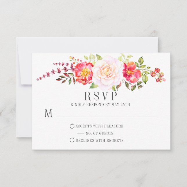 Pink Watercolor Floral Roses Greenery RSVP (Front)