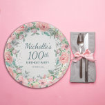 Pink Watercolor Floral Roses Pearls 100th Birthday Paper Plate<br><div class="desc">Pretty 100th birthday party custom birthday party paper plates designed with elegant blush pink watercolor floral, greenery, and pearls. Personalised with the name of the guest of honour and her party date. Text is fully customisable, so design these plates for anyone of any age. Contact me for assistance with your...</div>