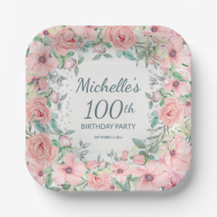 Pink Watercolor Floral Roses Pearls 100th Birthday Paper Plate