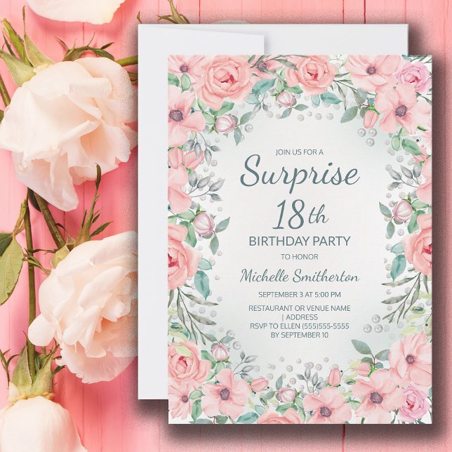 Pink Watercolor Floral Roses Pearls 18th Birthday (Blush pink floral surprise 18th birthday party invitation personalized with your text.)