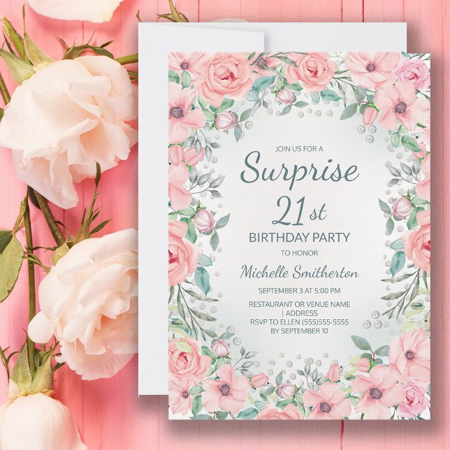Pink Watercolor Floral Roses Pearls 21st Birthday (Blush pink floral surprise 21st birthday party invitation personalized with your text.)