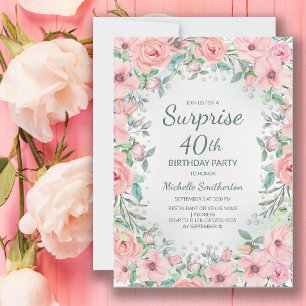 Pink Watercolor Floral Roses Pearls 40th Birthday