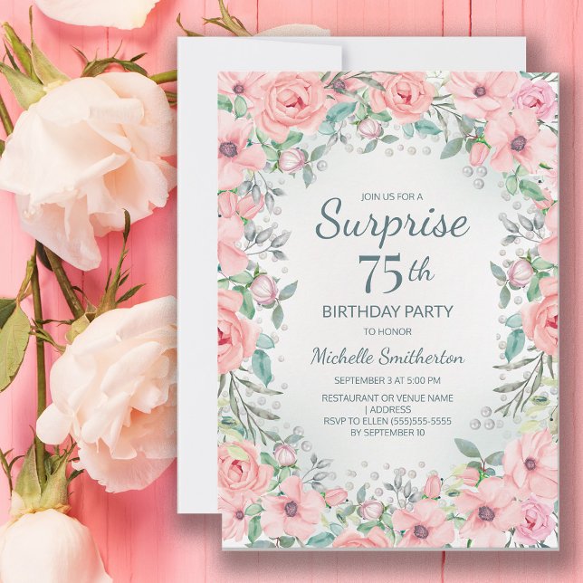 Pink Watercolor Floral Roses Pearls 75th Birthday (Blush pink floral surprise 75th birthday party invitation customized with your text.)