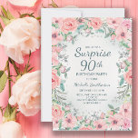 Pink Watercolor Floral Roses Pearls 90th Birthday<br><div class="desc">Surprise 90th birthday party custom invitations designed with elegant blush pink watercolor floral,  greenery,  and pearls.  Text is fully customisable,  so design these invitations for anyone of any age.</div>