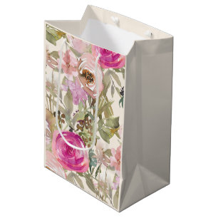 Pink Watercolor Floral Sage Green Leaves Cream Medium Gift Bag