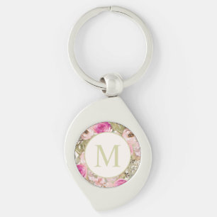 Pink Watercolor Floral Sage Green Leaves Monogram Key Ring