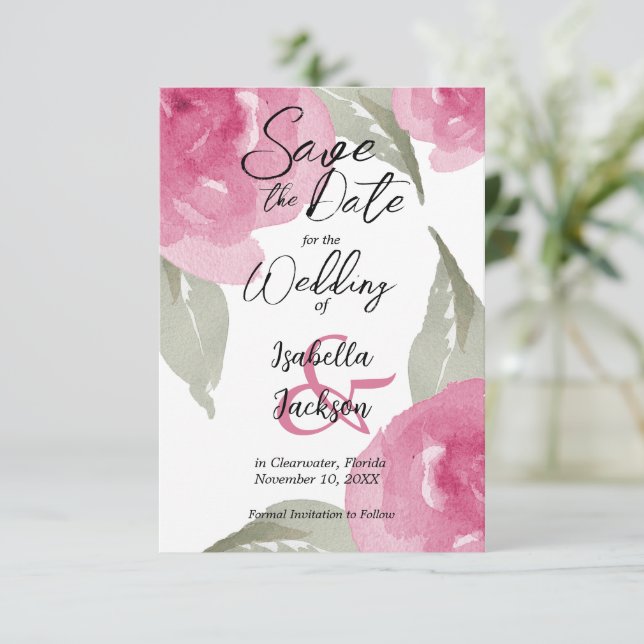 Pink Watercolor Floral   Save The Date (Standing Front)