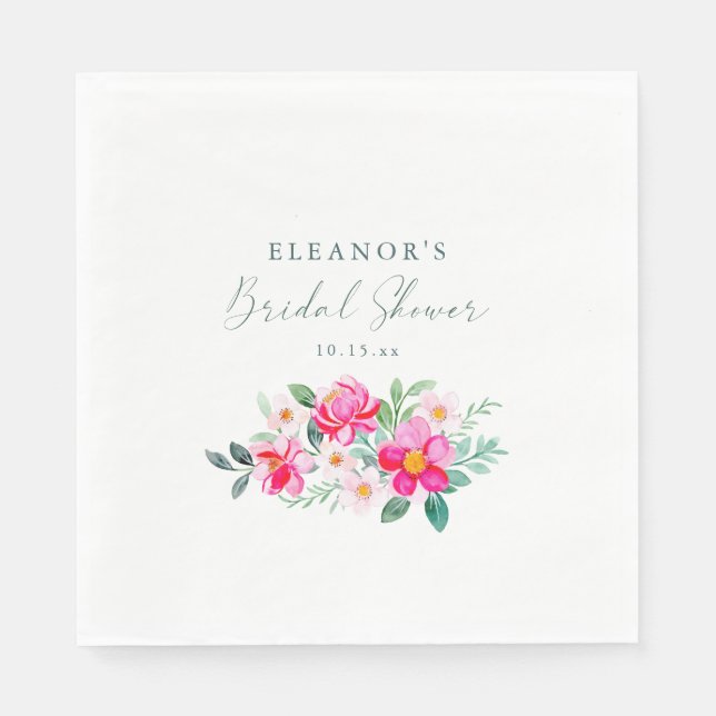 Pink Watercolor Floral Script Custom Bridal Shower Napkin (Front)
