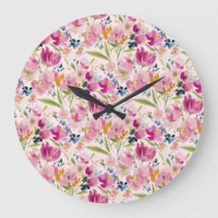 Pink Watercolor Floral Shabby Chic Pattern Large Clock