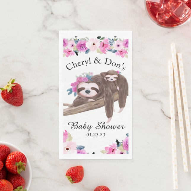 Pink Watercolor Floral Sloth Baby Shower Napkin (Insitu)
