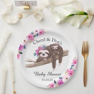 Pink Watercolor Floral Sloth Baby Shower Paper Plate