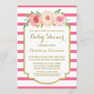 Pink Watercolor Floral Stripes Gold Baby Shower Invitation