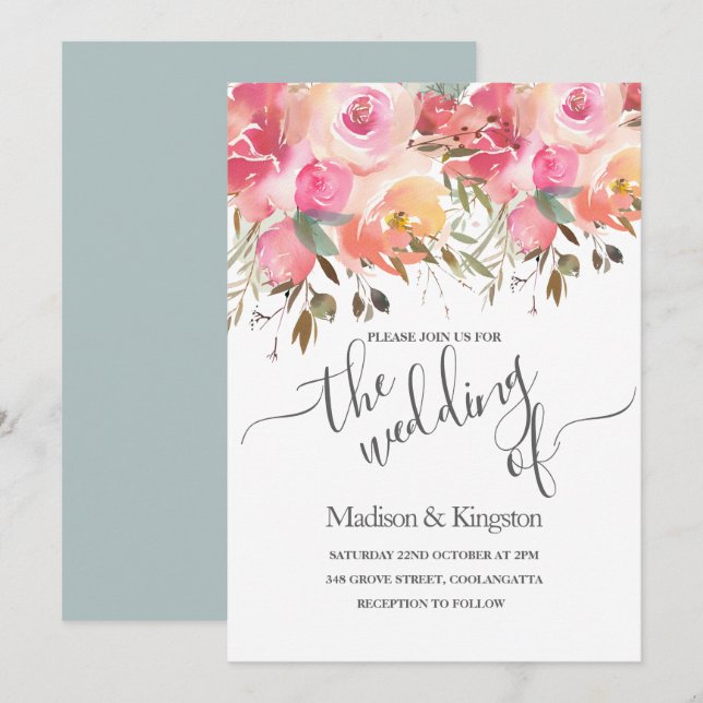 Pink Watercolor Floral Summer  Wedding Invitation (Front/Back)