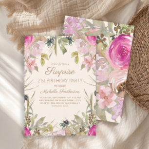 Pink Watercolor Floral Surprise 21st Birthday   Invitation