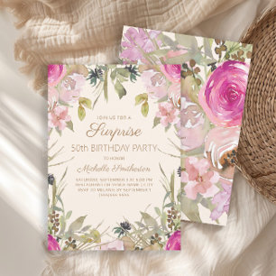 Pink Watercolor Floral Surprise 50th Birthday  Invitation