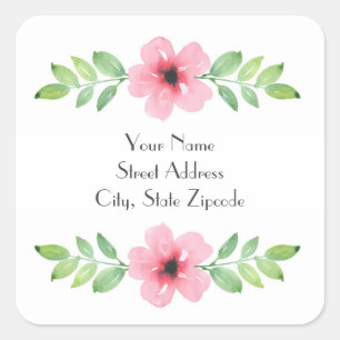 'Pink Watercolor Floral Swag'Label Square Sticker
