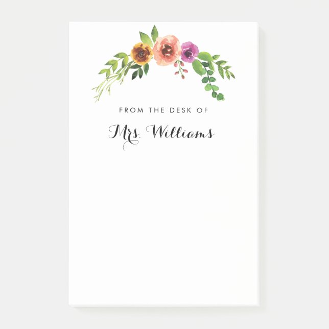 Pink Watercolor Floral Teacher Post-it Note (Front)