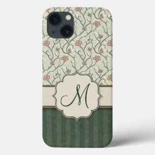 Pink Watercolor Floral Vines, Stripes and Monogram iPhone 13 Case