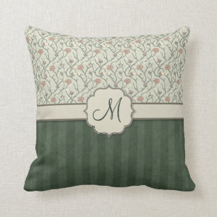 Pink Watercolor Floral Vines, Stripes and Monogram Cushion