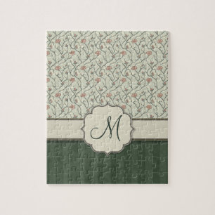 Pink Watercolor Floral Vines, Stripes and Monogram Jigsaw Puzzle