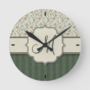 Pink Watercolor Floral Vines, Stripes and Monogram Round Clock