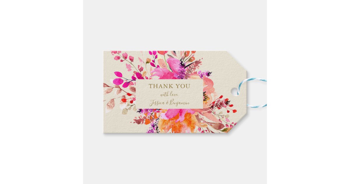 Pink Watercolor Floral Wedding Custom Thank You Gift Tags | Zazzle
