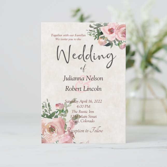 Pink watercolor floral wedding invitation (Standing Front)