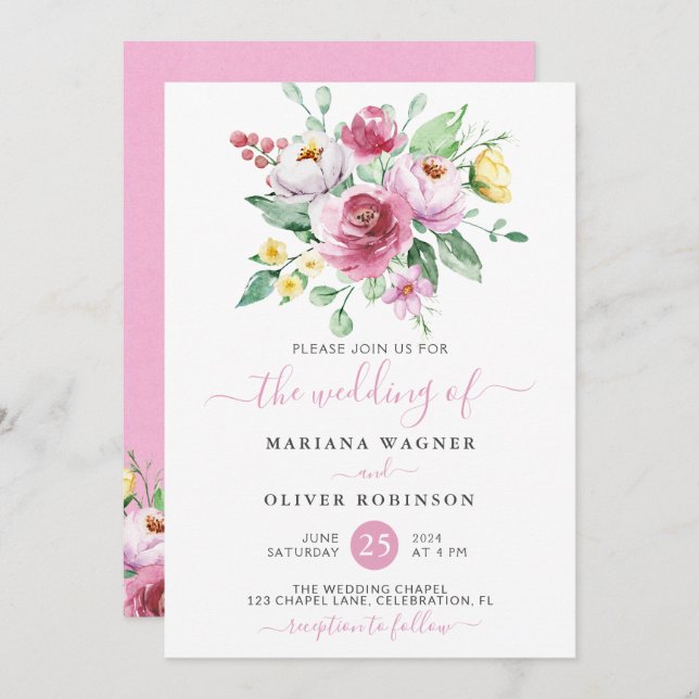 Pink Watercolor Floral Wedding Invitation (Front/Back)