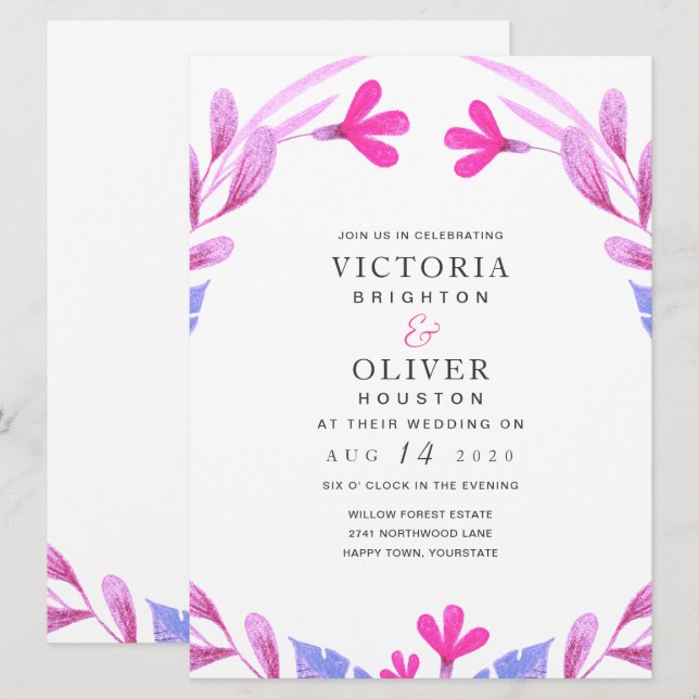Pink Watercolor Floral Wedding Invitations (Front/Back)