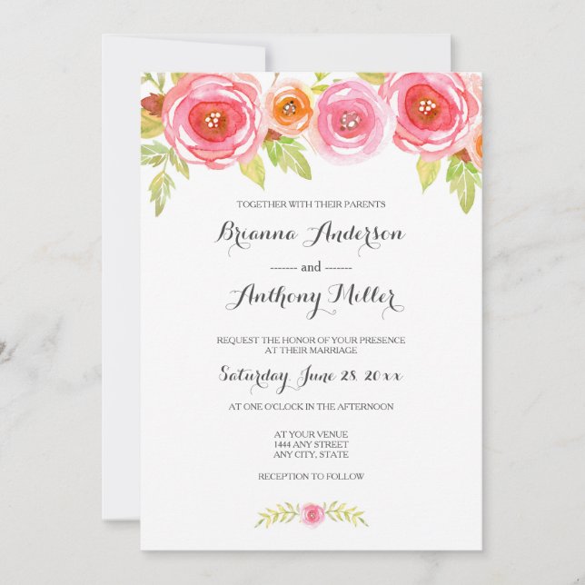 Pink Watercolor Floral Wedding Invite 3605 (Front)