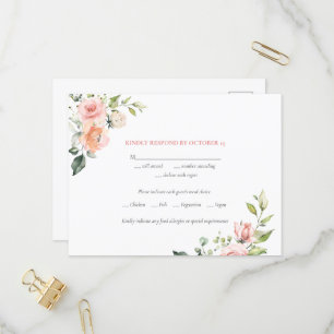 Pink Watercolor Floral Wedding Meals RSVP Invitation Postcard