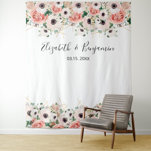 Pink Watercolor Floral Wedding Photo Backdrop Tapestry (In Situ)