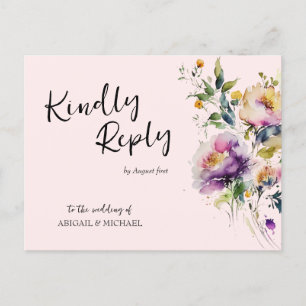 Pink Watercolor Floral Wedding RSVP Postcard