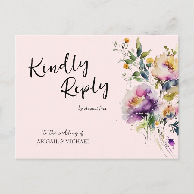 Pink Watercolor Floral Wedding RSVP Postcard (Front)