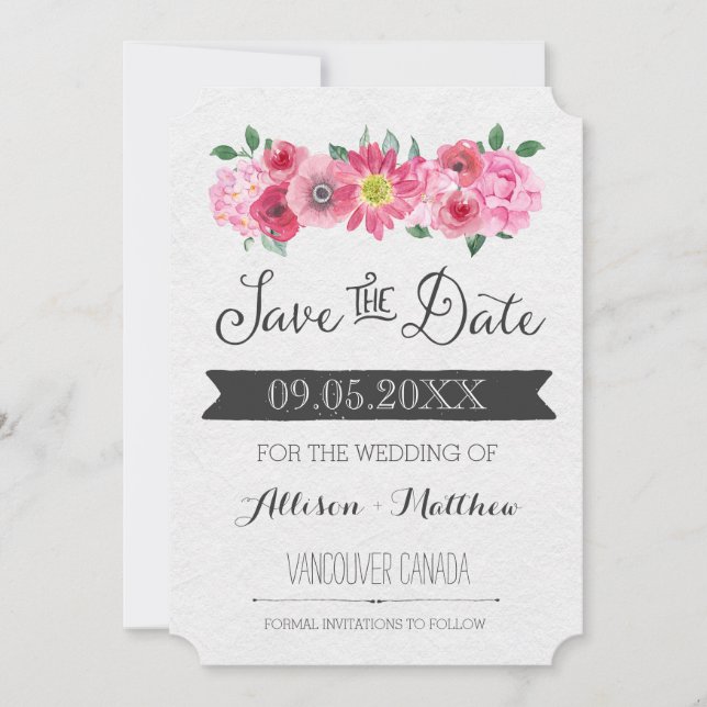 Pink Watercolor Floral Wedding Save the Date Card (Front)