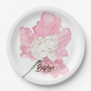 Pink Watercolor Floral White Child Angel Baptism Paper Plate