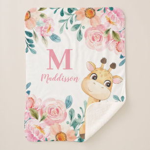 Pink Watercolor Floral with Giraffe Monogram Sherpa Blanket