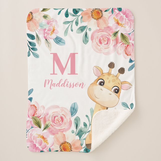 Pink Watercolor Floral with Giraffe Monogram Sherpa Blanket (Front)
