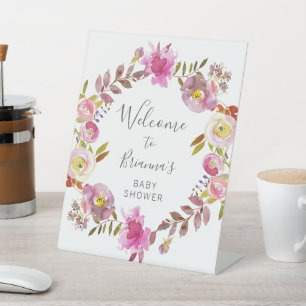 Pink Watercolor Floral Wreath Baby shower welcome Pedestal Sign