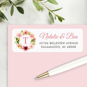 Pink Watercolor Floral Wreath Monogram Address