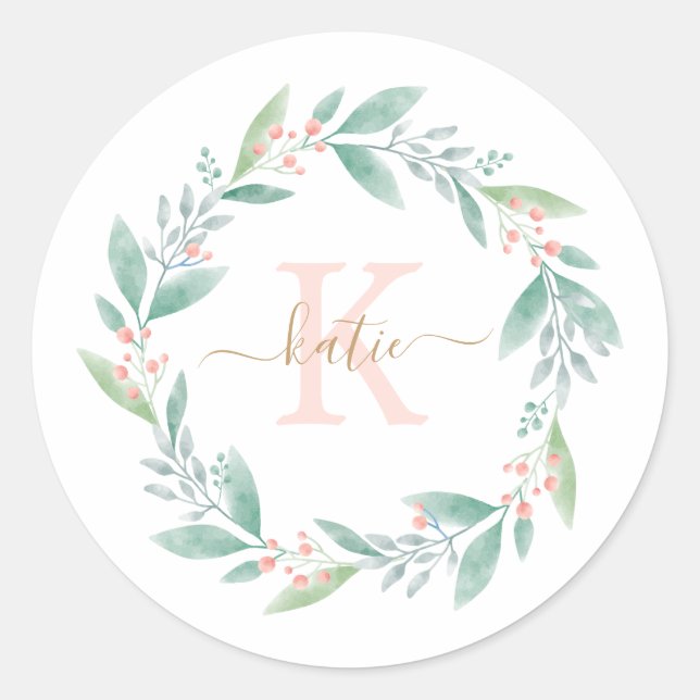 Pink Watercolor Floral Wreath Monogram Classic Round Sticker (Front)