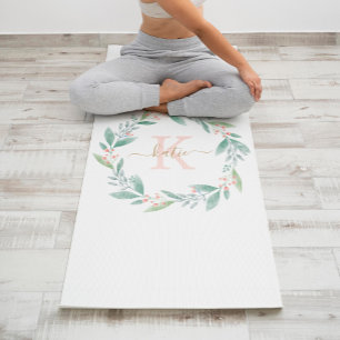 Pink Watercolor Floral Wreath Monogram Yoga Mat