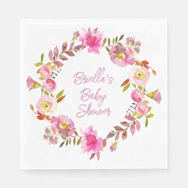 Pink Watercolor Floral Wreath Napkin (Front)
