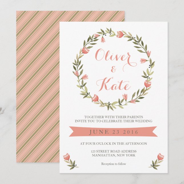 Pink Watercolor Floral Wreath Wedding Invitation (Front/Back)