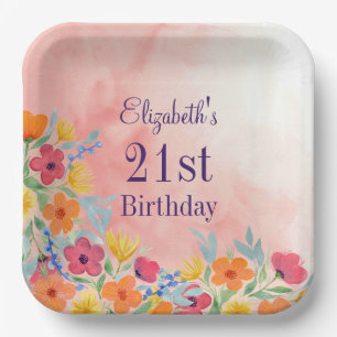 Pink Watercolor Florals 21st Birthday Paper Plate